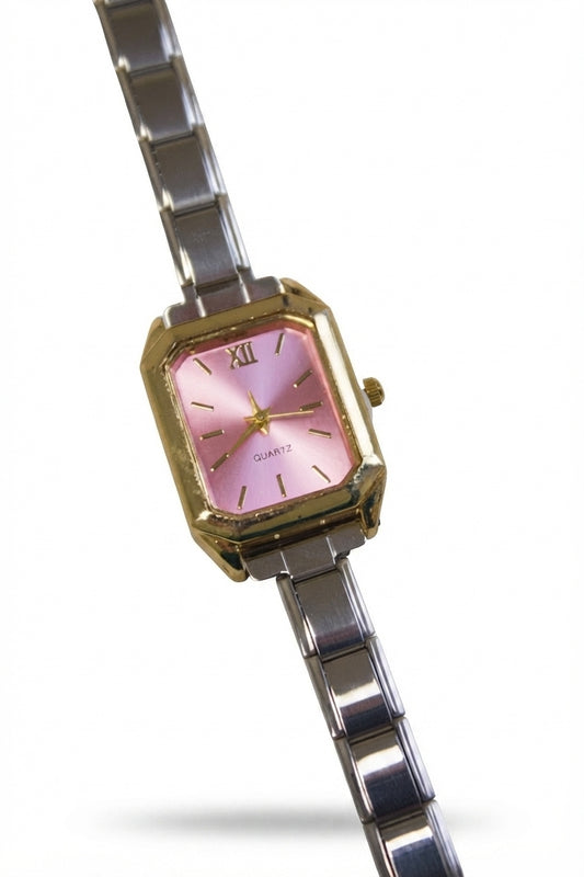 Two Tone Rectangular Pink Dial Italian Watch