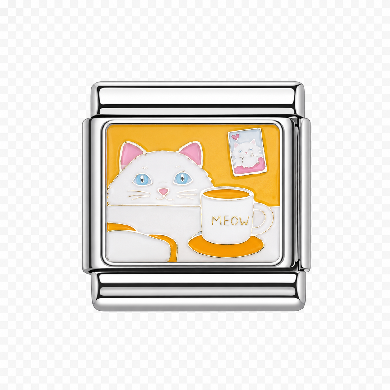 White cat with moew mug yellow background Italian Charm — Silver
