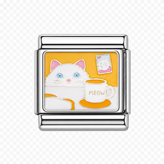 White cat with moew mug yellow background Italian Charm — Silver